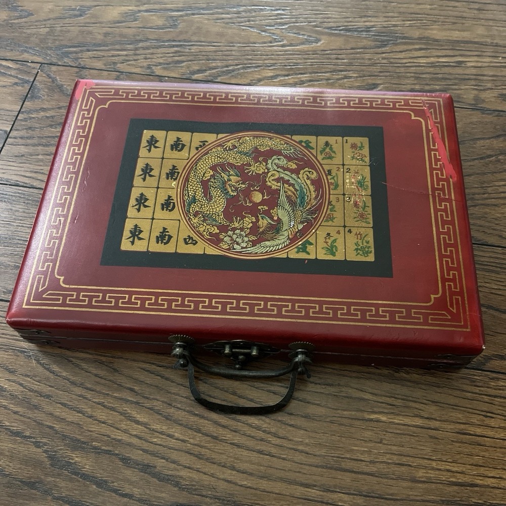 Mah Jong Complete Tile Game Red Carrying Case Oriental Theme Sealed Pieces Read
